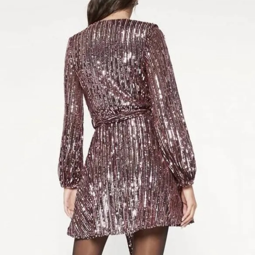 Bardot Stripe Pink Rose Colored Sequins Bellissa Dress Long Sleeve XS - Picture 2 of 13